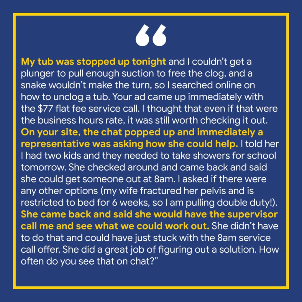 A customer review about a plumbing service