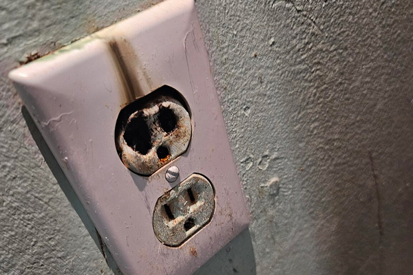 A burn electrical outlet due to electrical fire