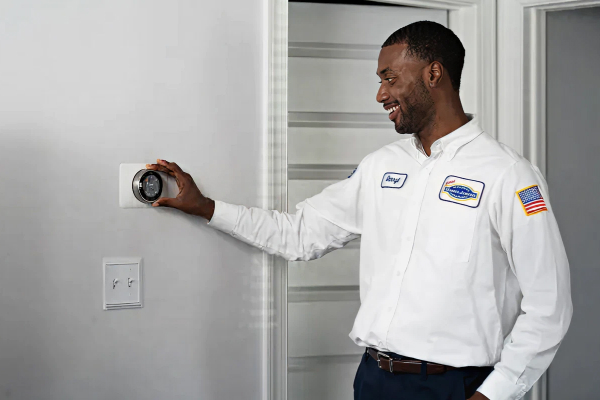 Tech adjusting hallway thermostat