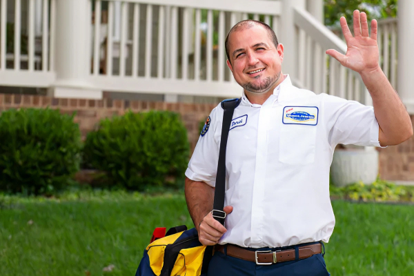 Tech standing in front of front porch deck waving
