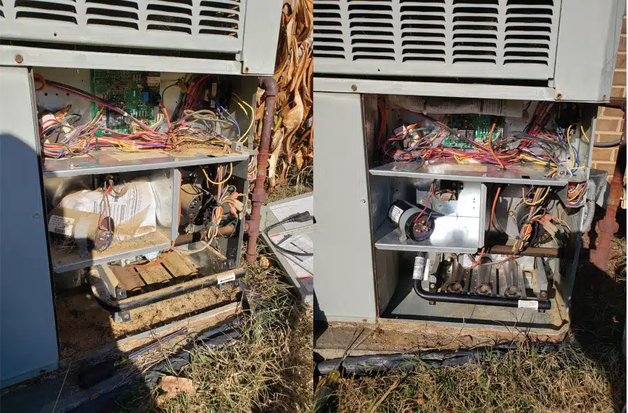 Two pictures of a broken air conditioner.