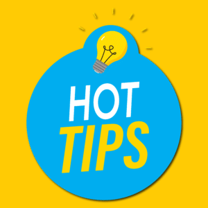A blue light bulb with the words hot tips on a yellow background.