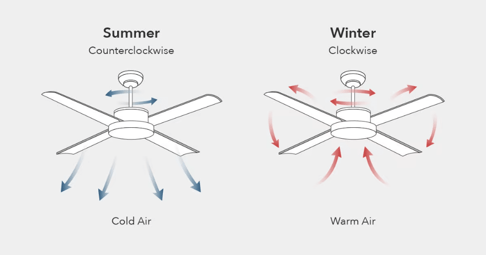 A diagram showing the difference between a summer and a winter ceiling fan.