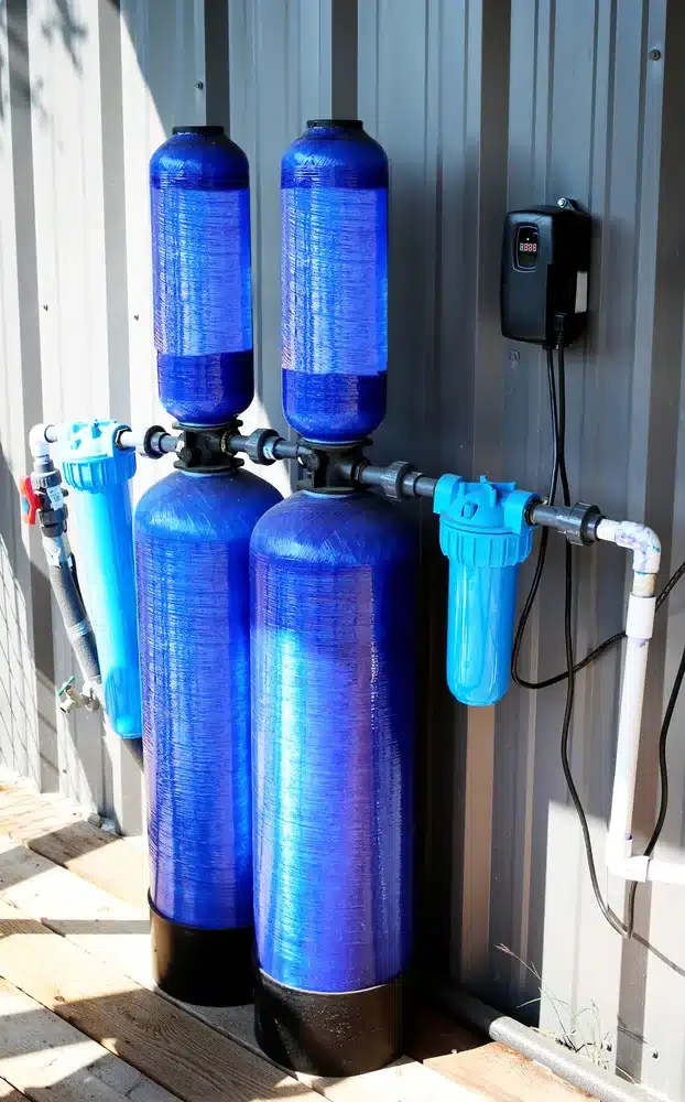 A blue water softener is attached to the side of a building.