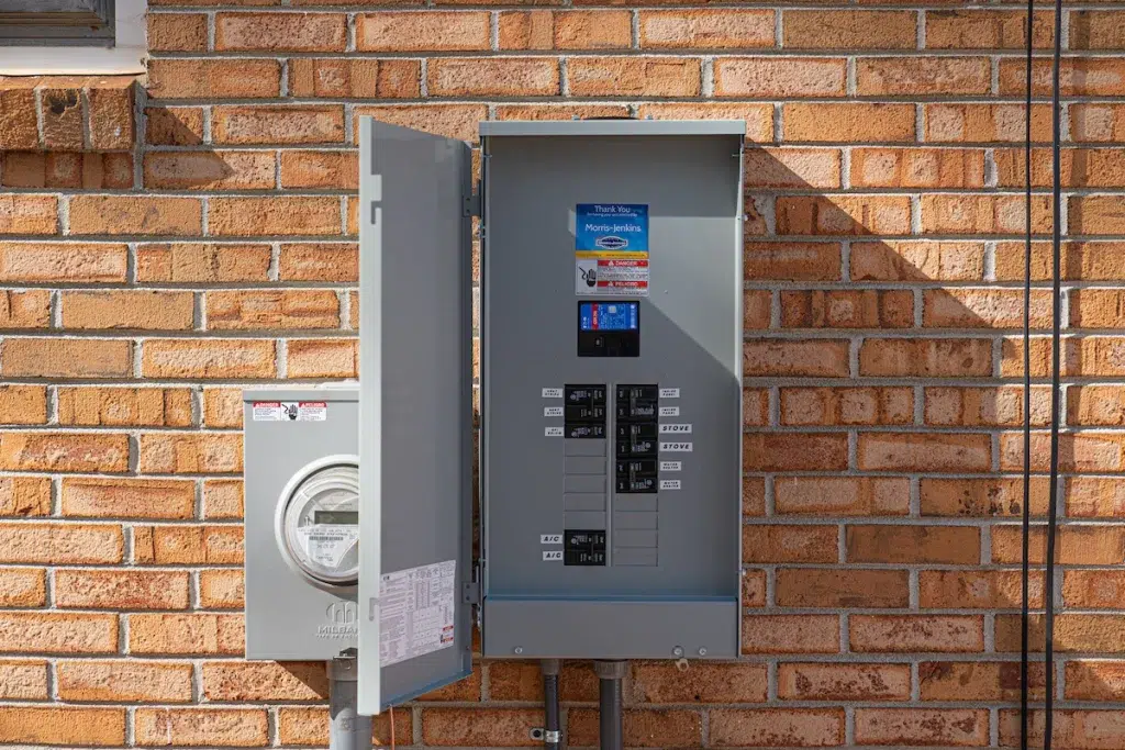 A electrical box on a brick wall.