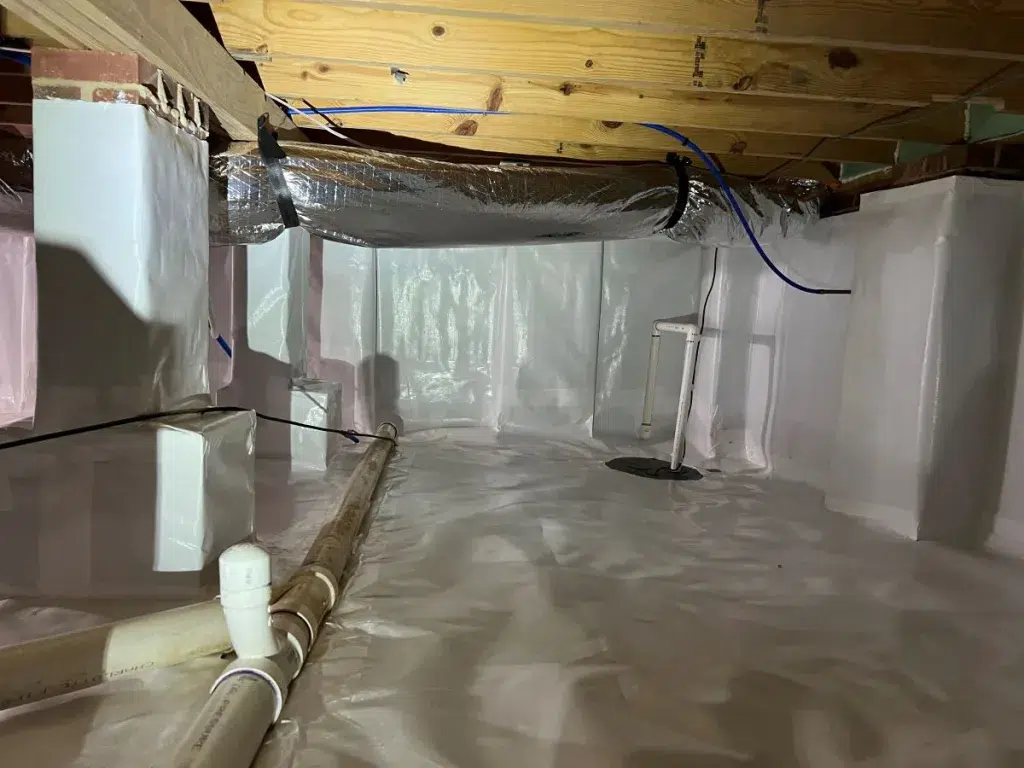 A basement that has been flooded with water.