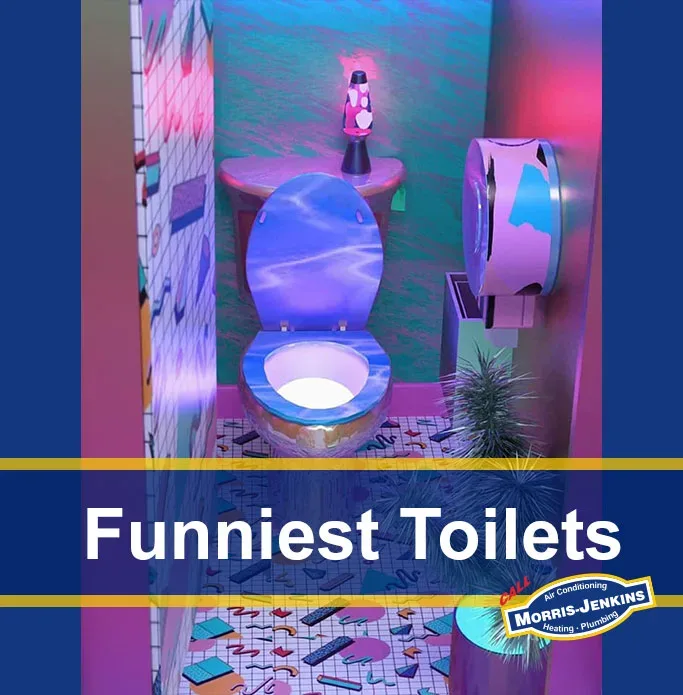 A picture of a toilet with 80s and 90s themed decorations.