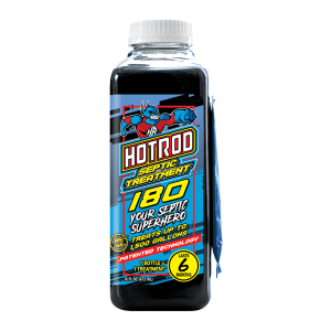 A bottle of Hotrod Septic Treatment 180. The label shows a superhero graphic and states it treats up to 1,500 gallons, lasts 6 months, and uses patented technology.