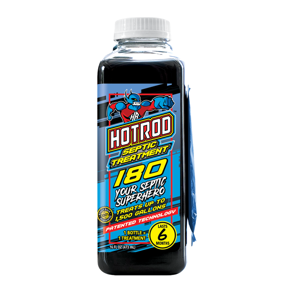 A bottle of Hotrod Septic Treatment 180. The label shows a superhero graphic and states it treats up to 1,500 gallons, lasts 6 months, and uses patented technology.