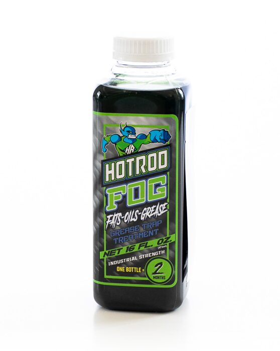 A bottle of Hotrod FOG. The label indicates it's an industrial-strength grease trap treatment for fats, oils, and grease. The bottle contains 16 fl. oz. and is designed to last for two months.