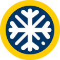 A white snowflake icon centered on a dark blue circle with a thick yellow border.