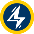 A white lightning bolt icon on a dark blue circle, bordered by a thick yellow ring.