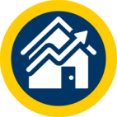 Icon of a house with an upward trending arrow inside a blue circle, bordered by a yellow ring, representing growth or increase in real estate or property value.