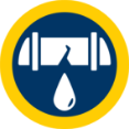 Icon depicting a cracked pipe with a droplet falling from it, enclosed in a blue circle with a yellow border, indicating a leak or hazard.