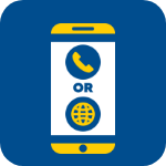 Illustration of a smartphone with a phone icon and a globe icon separated by the word "OR" on the screen, indicating a choice between calling or internet options.