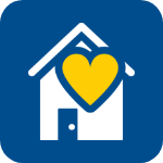 A white house icon with a yellow heart in the center, set against a blue background.