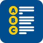 Icon showing three yellow circles labeled A, B, and C, each followed by horizontal white lines on a blue background, representing a multiple-choice list.