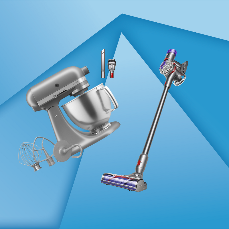 A stand mixer with attachments and a cordless stick vacuum are displayed on a blue geometric background.