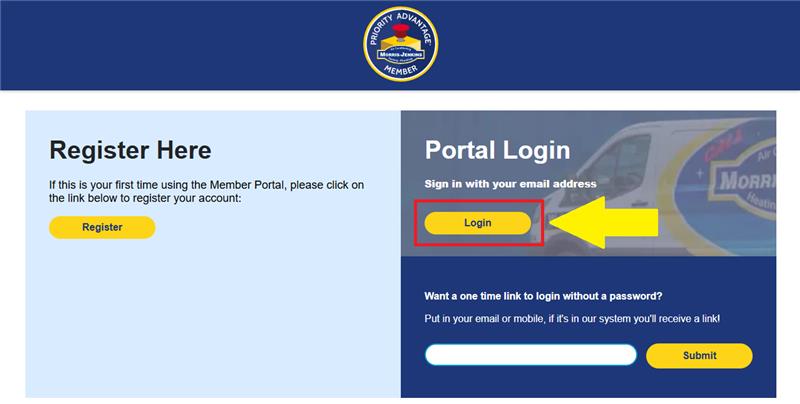 Screenshot of a member portal webpage with options to register a new account on the left and an email login section on the right, highlighting the yellow "Login" button.