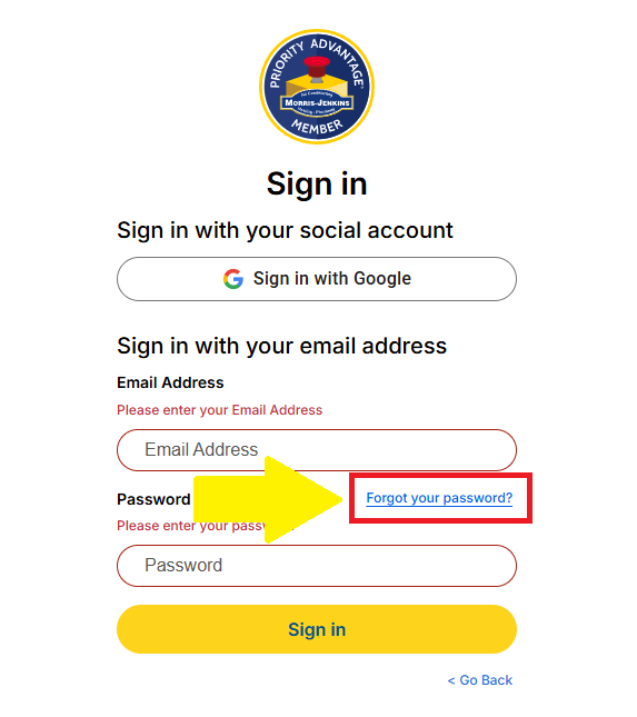Sign in page with fields for email and password, "Sign in with Google" option, and a highlighted "Forgot your password?" link under the password field.