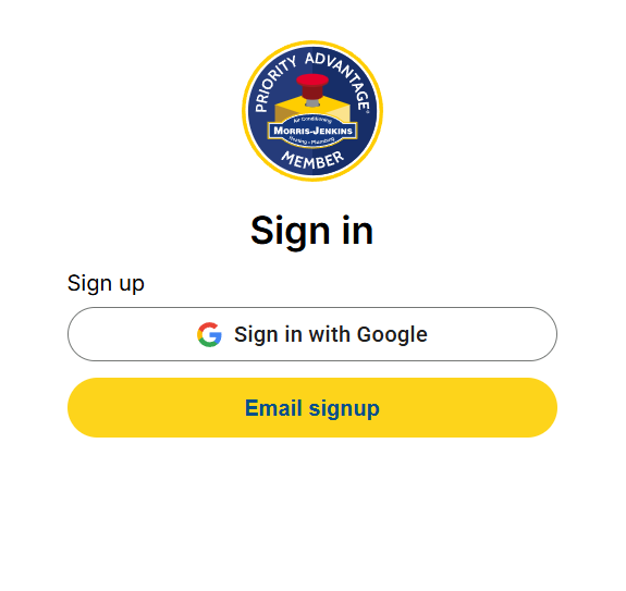 Login page with "Priority Advantage Member" logo, options to sign in with Google or email, and "Sign in" header in bold text.