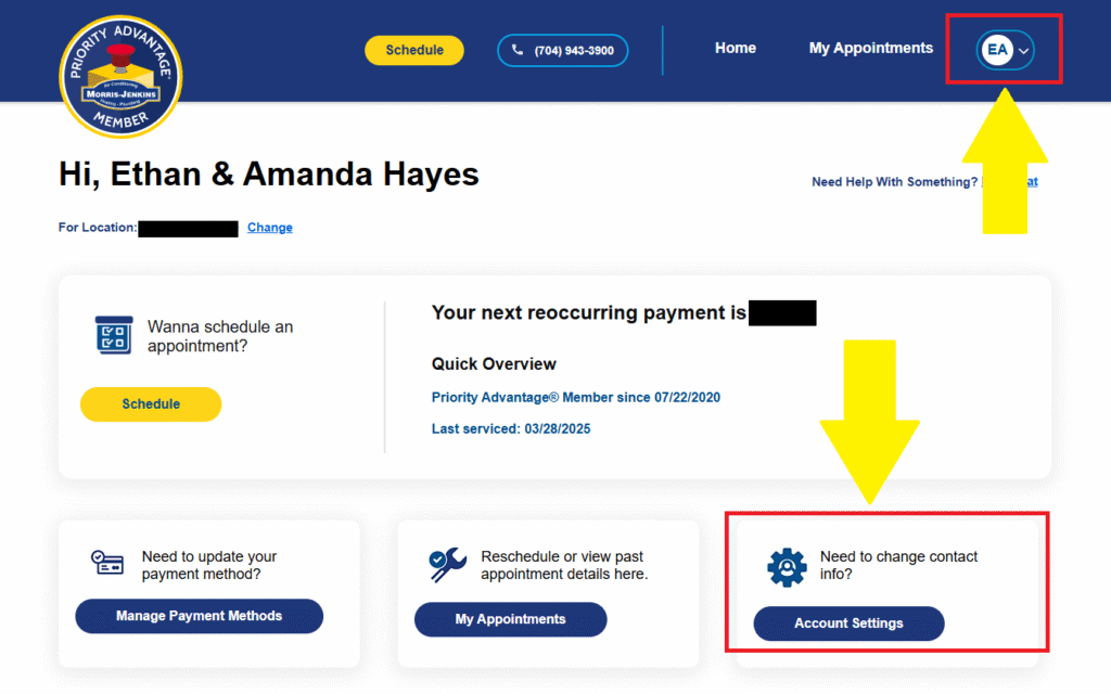A user dashboard shows account details, upcoming payment info, and options for payment methods, appointments, and account settings, with key buttons and icons highlighted.