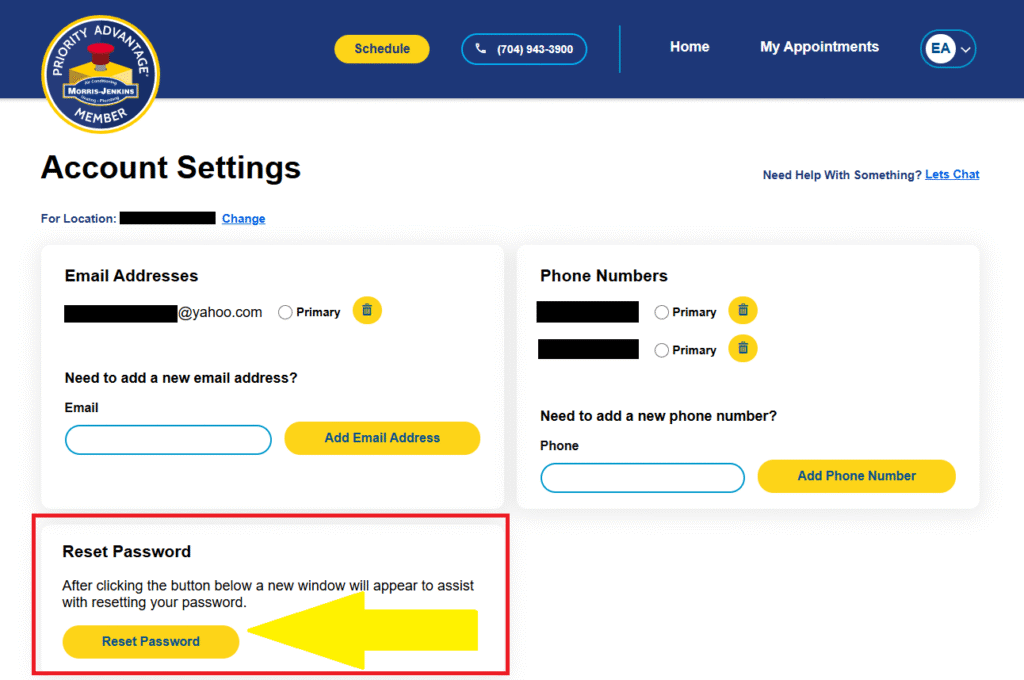 A website account settings page showing sections for email, phone numbers, and a highlighted "Reset Password" button with instructions.