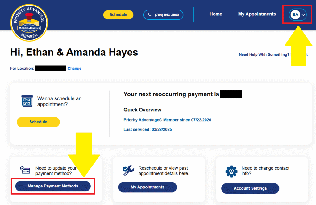 Screenshot of an online account dashboard showing user info and navigation buttons, with yellow arrows highlighting the profile icon and "Manage Payment Methods" option.