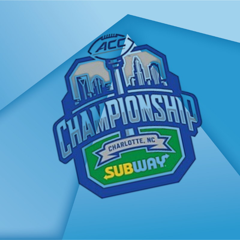 ACC Championship logo featuring a football, city skyline, and text "Charlotte, NC" and "Subway" on a blue geometric background.