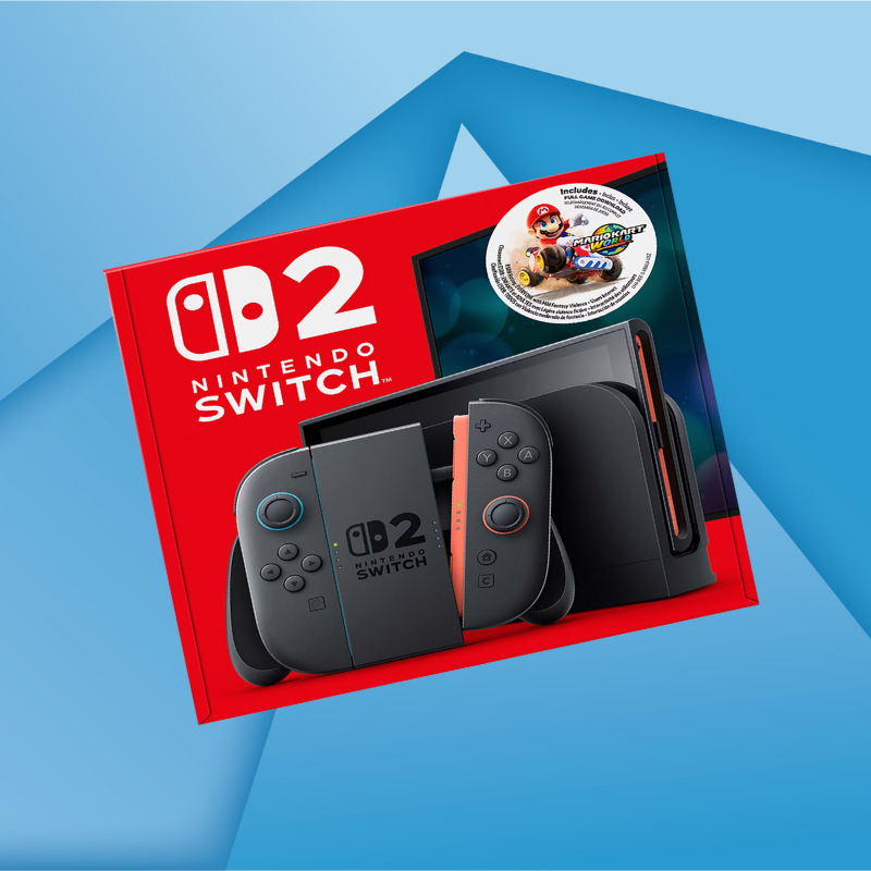 A Nintendo Switch 2 console box featuring the console, two Joy-Con controllers, docking station, and an image of a Mario Kart 8 Deluxe game bundle on a blue geometric background.