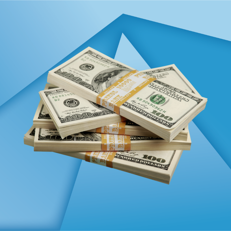 Five stacks of $100 US dollar bills, each bound with a yellow band, are arranged in a fan pattern on a blue geometric background.