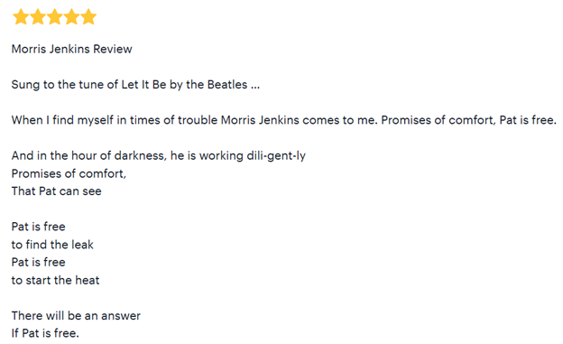 A customer review styled as a parody of “Let It Be,” praising Morris Jenkins for free services, with repeated lines about Pat being free. Five stars are shown at the top.