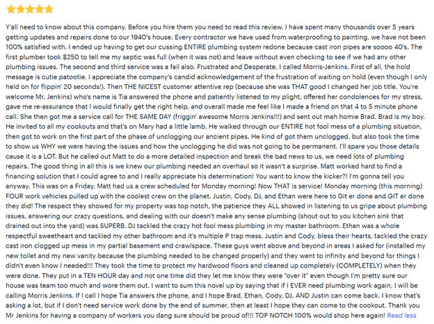 Screenshot of a detailed five-star review describing a positive experience with a plumbing company, praising their honesty, work quality, and customer service, highlighted with a yellow star rating at the top.