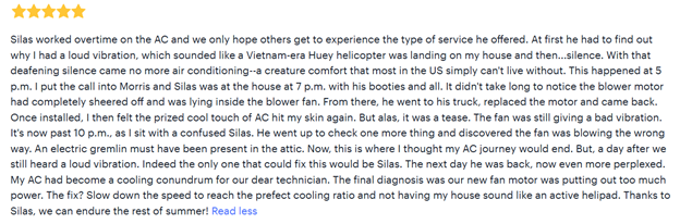 Five-star review describing an issue with a noisy new air conditioning unit, detailing troubleshooting steps and resolution, with a link to read more at the end.