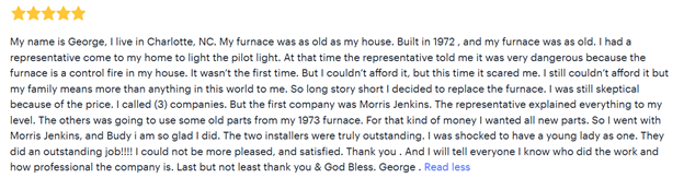A five-star customer review describes a positive experience with Morris Jenkins furnace installation, highlighting professional service, detailed explanations, and customer satisfaction.