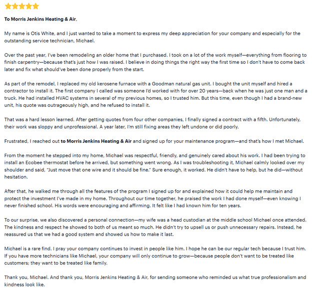 Screenshot of a customer review praising Morris Jenkins Heating & Air, detailing a positive experience with technician Michael, and expressing appreciation for professionalism and kindness.