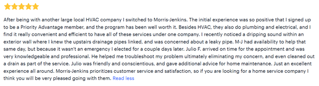 A five-star review for Morris-Jenkins describes a positive customer experience with HVAC and plumbing services, praising technician Julio F. for his professionalism and helpfulness.
