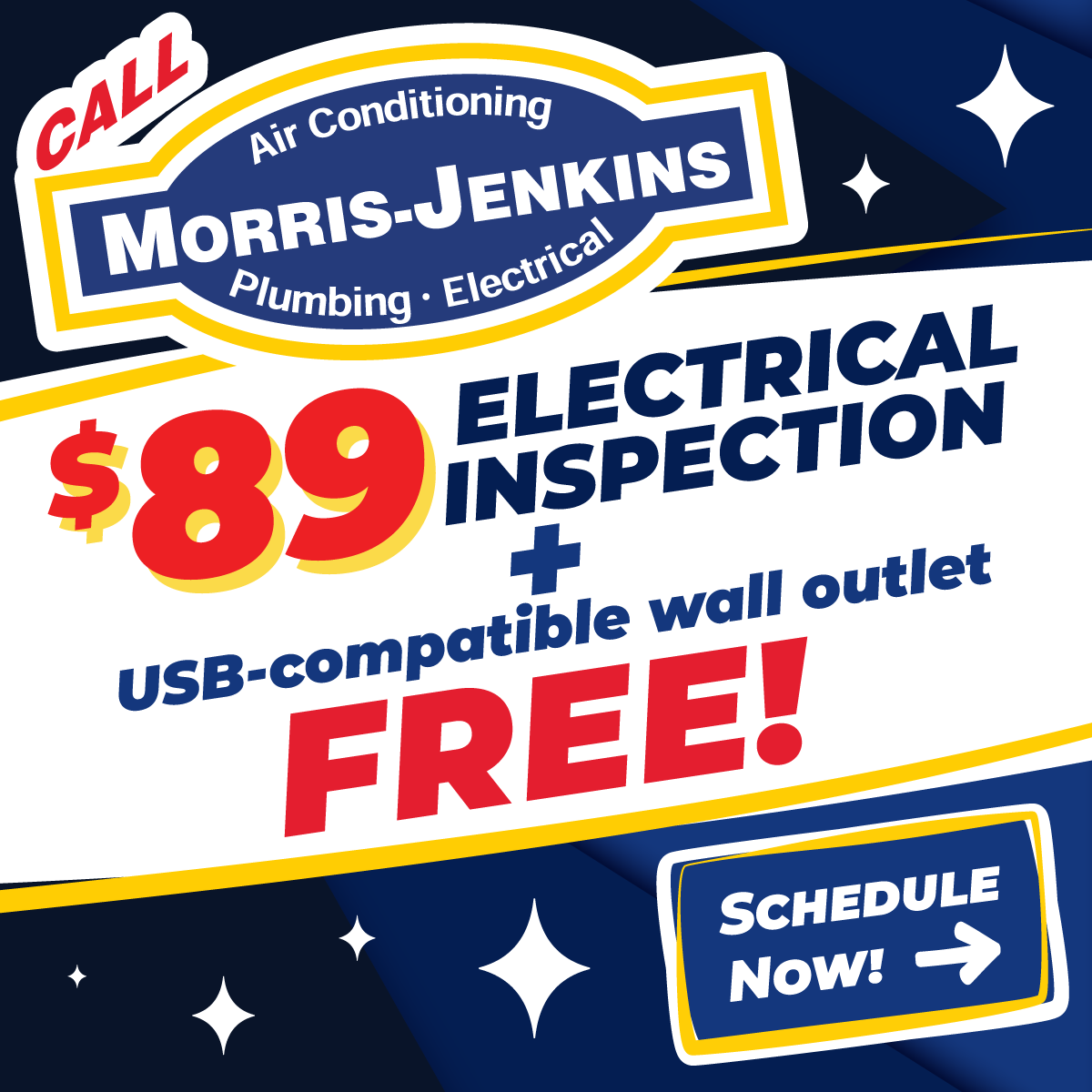Ad for Morris-Jenkins offering an $89 electrical inspection with a free USB-compatible wall outlet; includes a "Schedule Now!" button.