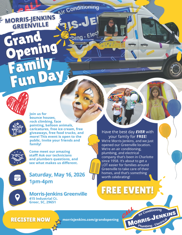 A flyer advertises the Morris-Jenkins Greenville Grand Opening Family Fun Day with activities, food, and entertainment on May 16, 2026, from 1–4pm at 415pm Greenville, SC.
