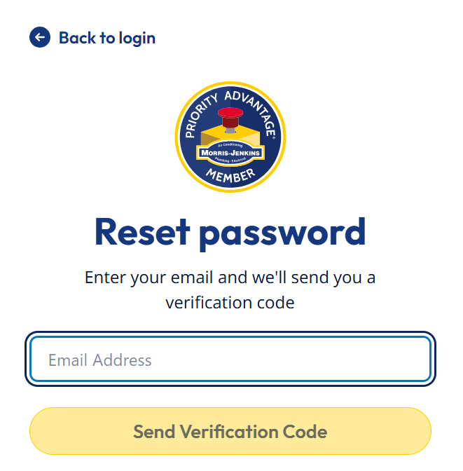 Password reset page for Morris-Jenkins Priority Advantage Member, prompting user to enter email address to receive a verification code.