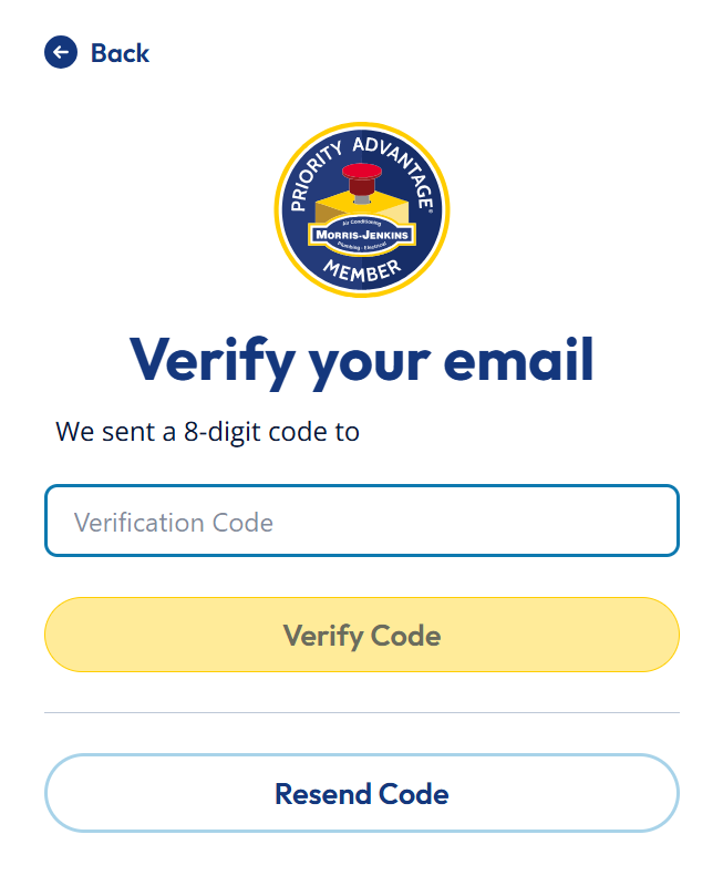 A verification screen prompting the user to enter an 8-digit code sent to their email, with "Verify Code" and "Resend Code" buttons.