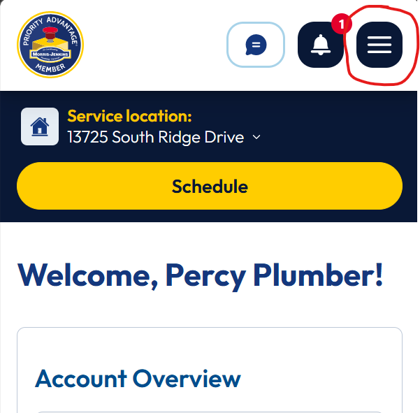 A website dashboard showing a service location at 13725 South Ridge Drive, with a yellow "Schedule" button and a notification alert near the menu icon.