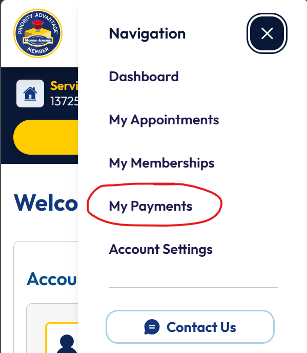 A mobile app navigation menu with options listed; "My Payments" is circled in red. A Priority Advantage Member badge appears at the top.
