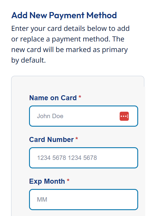 Online form for adding a new payment method, showing fields for name on card, card number, and expiration month, with example text filled in.
