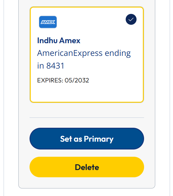 Screenshot of a credit card management interface showing an American Express card ending in 8431, expiring 05/2032, with options to set as primary or delete.